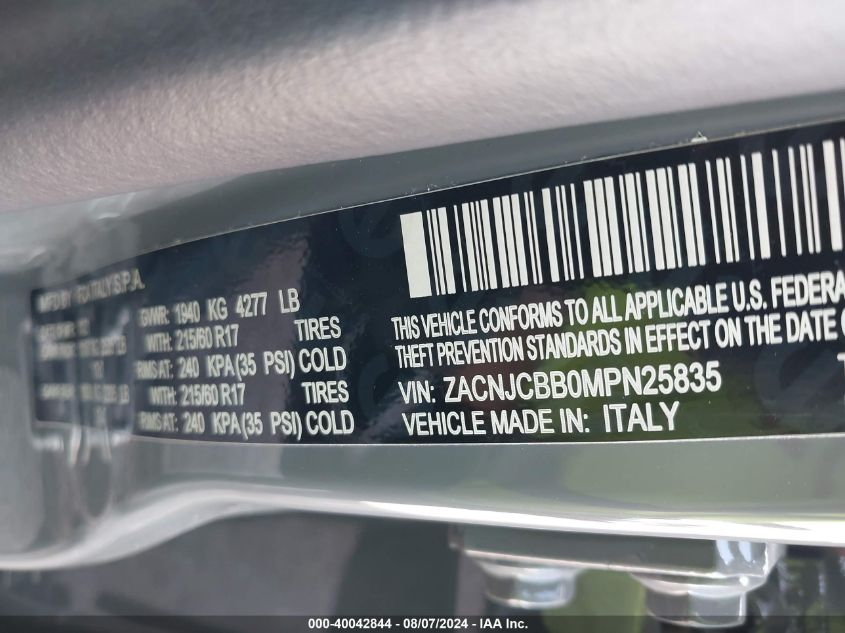 2021 Jeep Renegade Latitude Fwd VIN: ZACNJCBB0MPN25835 Lot: 40042844