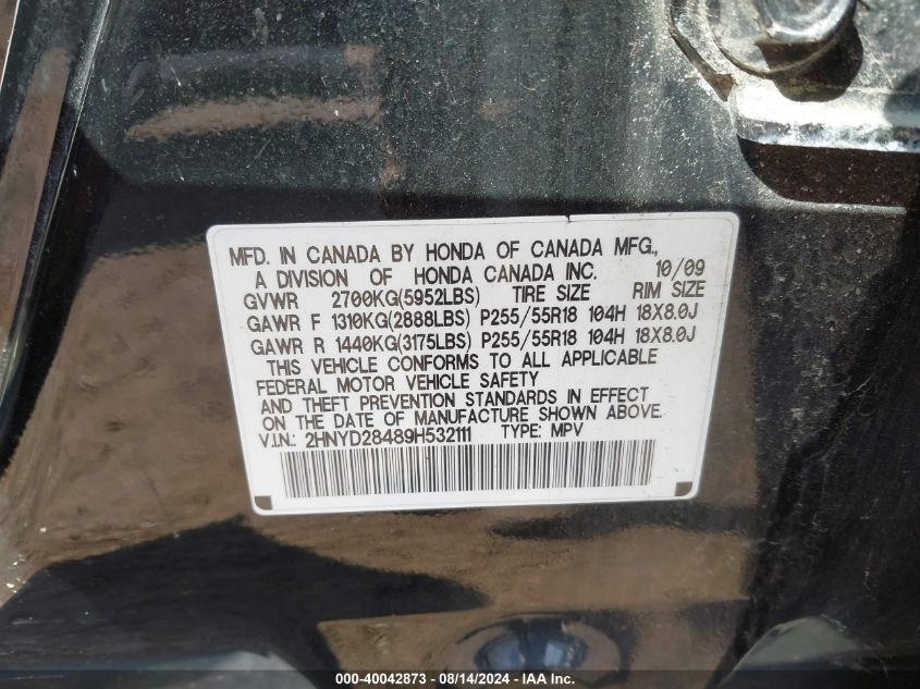 2009 Acura Mdx Technology Package VIN: 2HNYD28489H532111 Lot: 40042873