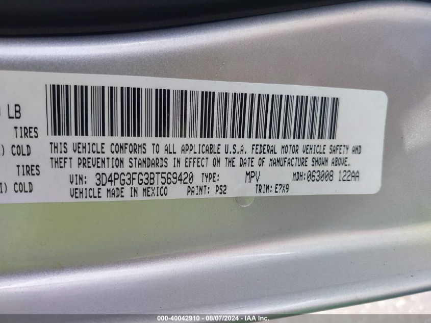 2011 Dodge Journey Crew VIN: 3D4PG3FG3BT569420 Lot: 40042910