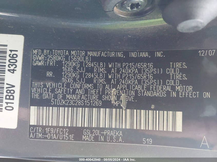 2008 Toyota Sienna Le VIN: 5TDZK23C28S151269 Lot: 40042940