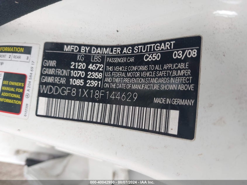 2008 Mercedes-Benz C 300 Luxury 4Matic/Sport 4Matic VIN: WDDGF81X18F144629 Lot: 40042950