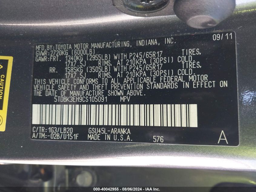 5TDBK3EH9CS105091 2012 Toyota Highlander Base V6/Se V6