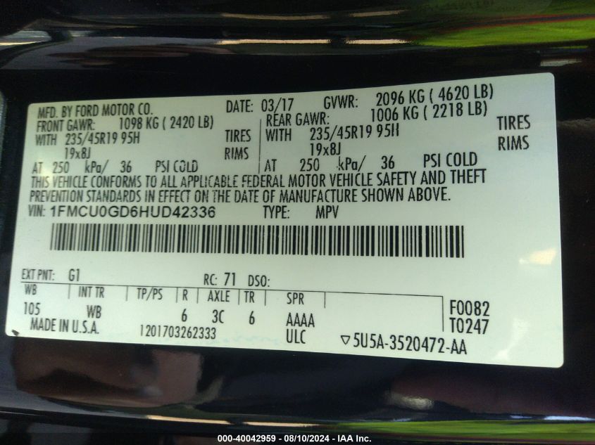 2017 Ford Escape Se VIN: 1FMCU0GD6HUD42336 Lot: 40042959