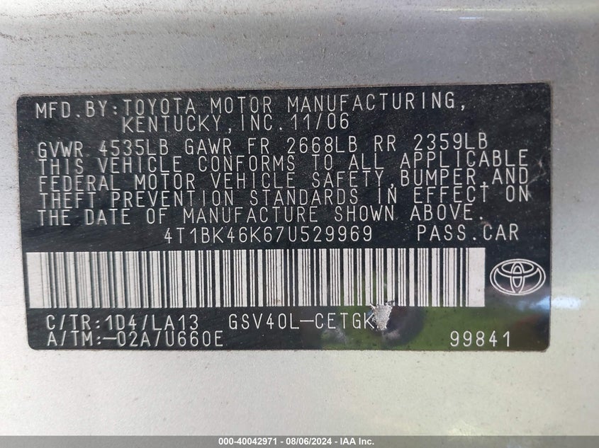 2007 Toyota Camry Xle V6 VIN: 4T1BK46K67U529969 Lot: 40042971