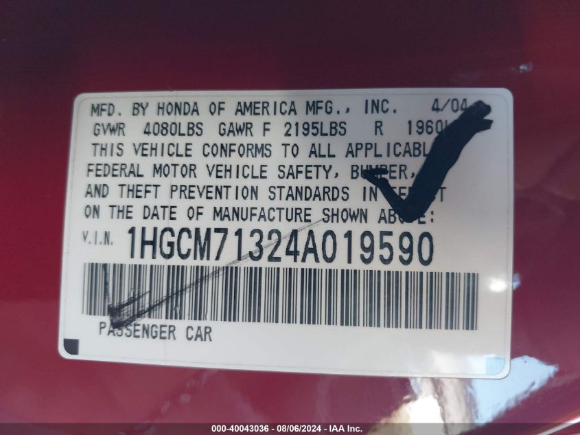 2004 Honda Accord 2.4 Lx VIN: 1HGCM71324A019590 Lot: 40043036
