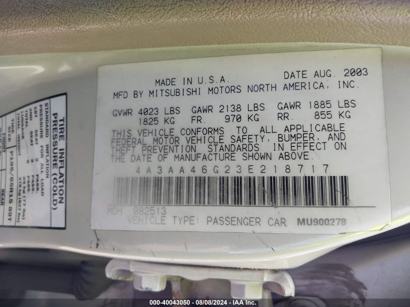 2003 Mitsubishi Galant Es/Ls VIN: 4A3AA46G23E218717 Lot: 40043050