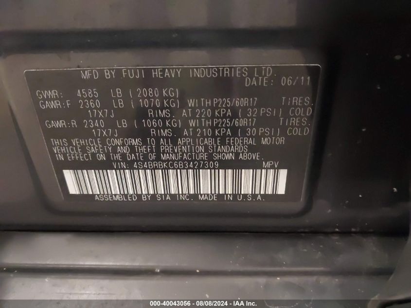 2011 Subaru Outback 2.5I Limited VIN: 4S4BRBKC6B3427309 Lot: 40043056