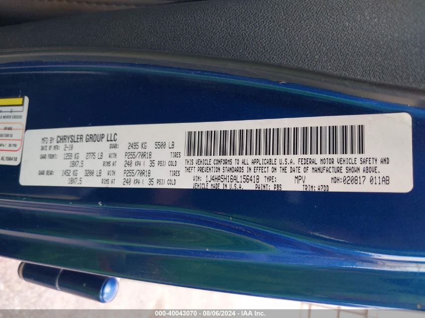 2010 Jeep Wrangler Unlimited Sahara VIN: 1J4HA5H16AL156418 Lot: 40043070