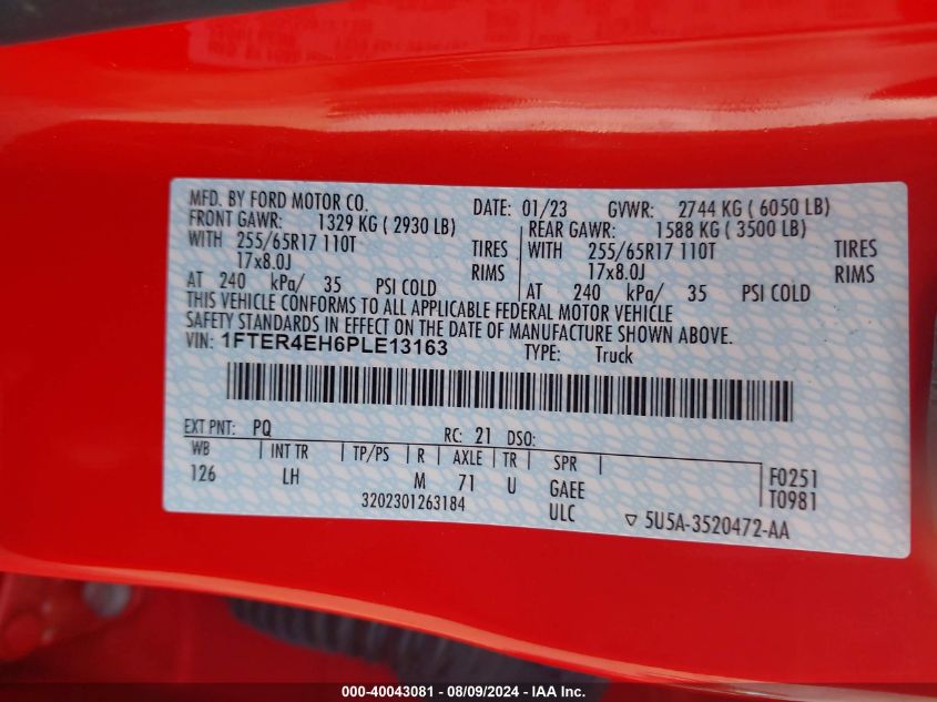 2023 Ford Ranger Xlt VIN: 1FTER4EH6PLE13163 Lot: 40043081