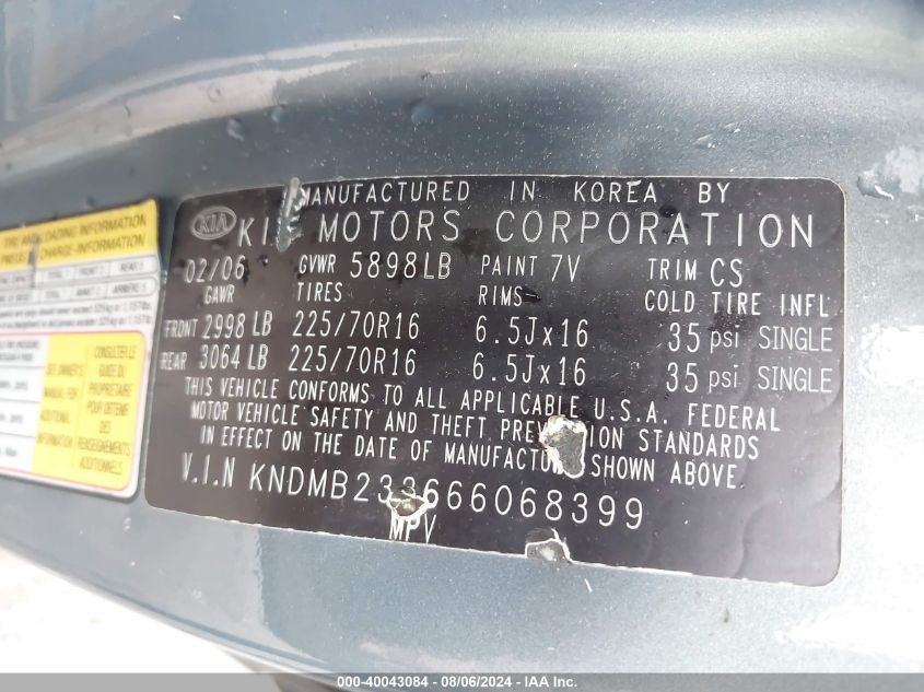 2006 Kia Sedona Ex/Lx VIN: KNDMB233666068399 Lot: 40043084