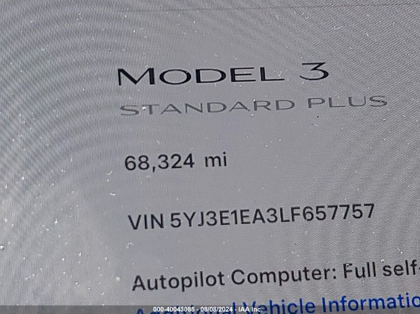 2020 Tesla Model 3 Standard Range Plus Rear-Wheel Drive/Standard Range Rear-Wheel Drive VIN: 5YJ3E1EA3LF657757 Lot: 40043085