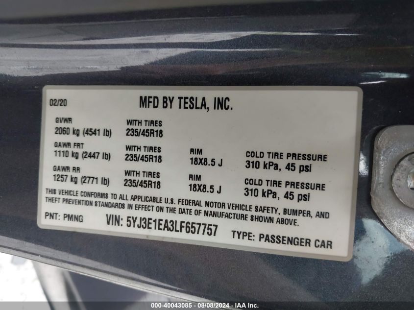 2020 Tesla Model 3 Standard Range Plus Rear-Wheel Drive/Standard Range Rear-Wheel Drive VIN: 5YJ3E1EA3LF657757 Lot: 40043085