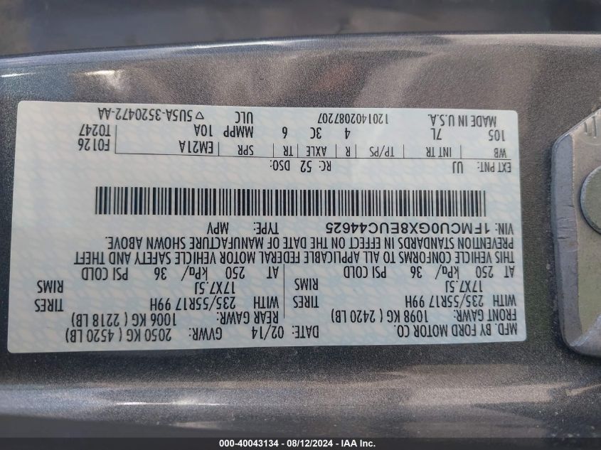 2014 Ford Escape Se VIN: 1FMCU0GX8EUC44625 Lot: 40043134