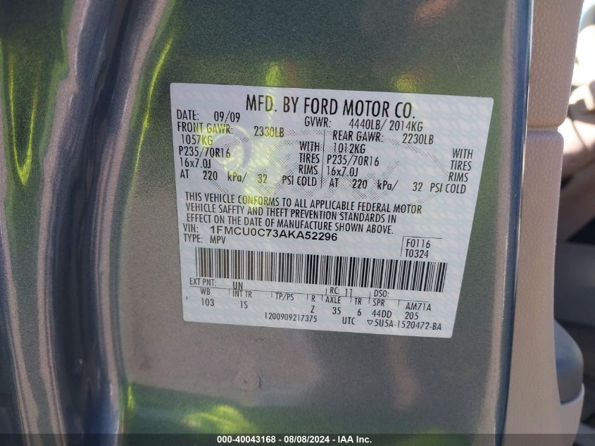 2010 Ford Escape Xls VIN: 1FMCU0C73AKA52296 Lot: 40043168