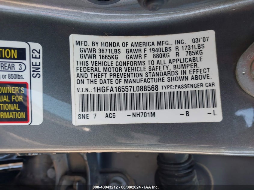 2007 Honda Civic Lx VIN: 1HGFA16557L088568 Lot: 40043212