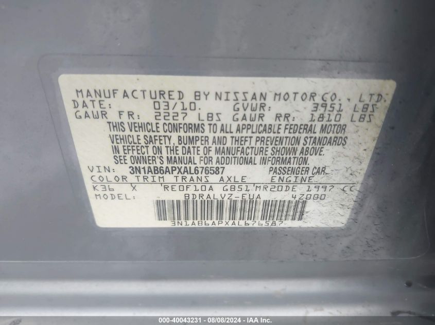 2010 Nissan Sentra 2.0Sl VIN: 3N1AB6APXAL676587 Lot: 40043231