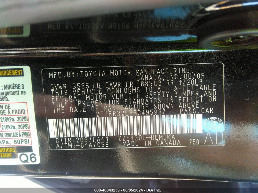 2005 Toyota Corolla Ce VIN: 2T1BR32E65C495987 Lot: 40043239