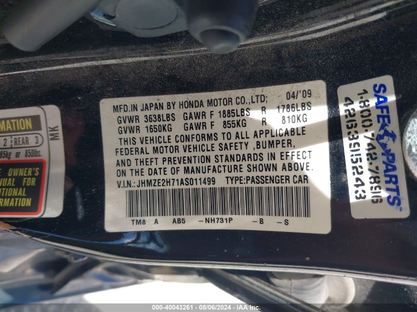 2010 Honda Insight Ex VIN: JHMZE2H71AS011499 Lot: 40043261