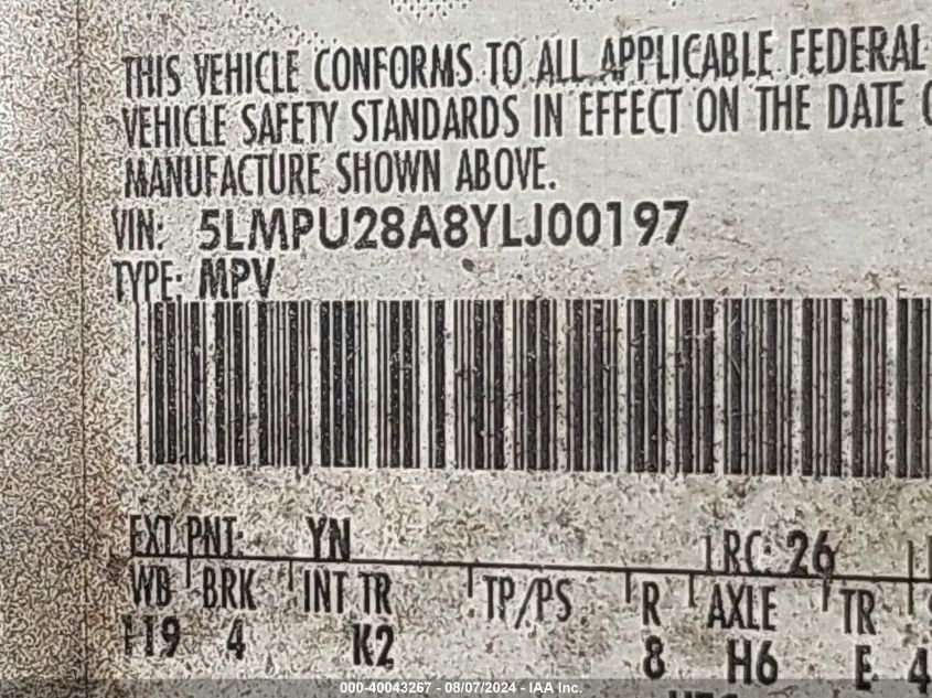 2000 Lincoln Navigator VIN: 5LMPU28A8YLJ00197 Lot: 40043267