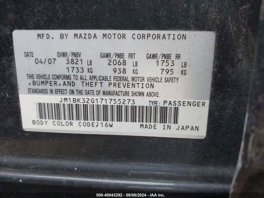 2007 Mazda Mazda3 I VIN: JM1BK32G171755273 Lot: 40043292