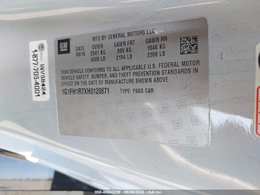 2017 Chevrolet Camaro Ss VIN: 1G1FH1R7XH0120871 Lot: 40043299