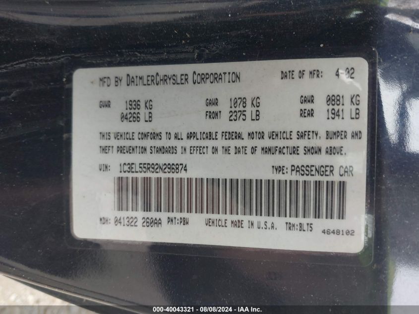 2002 Chrysler Sebring Lxi VIN: 1C3EL55R92N296874 Lot: 40043321