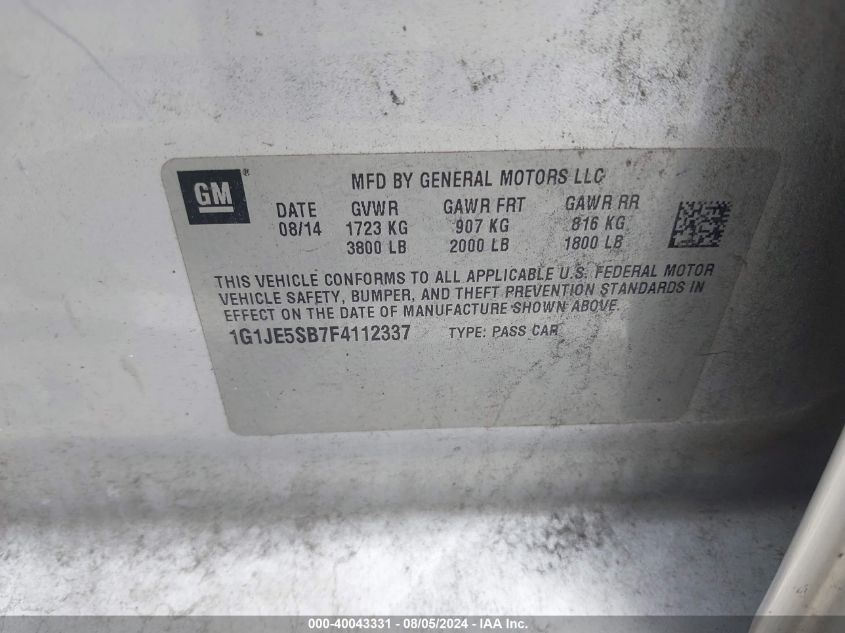 2015 Chevrolet Sonic Ltz Auto VIN: 1G1JE5SB7F4112337 Lot: 40043331
