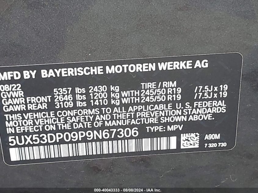 2023 BMW X3 xDrive30I VIN: 5UX53DP09P9N67306 Lot: 40043333