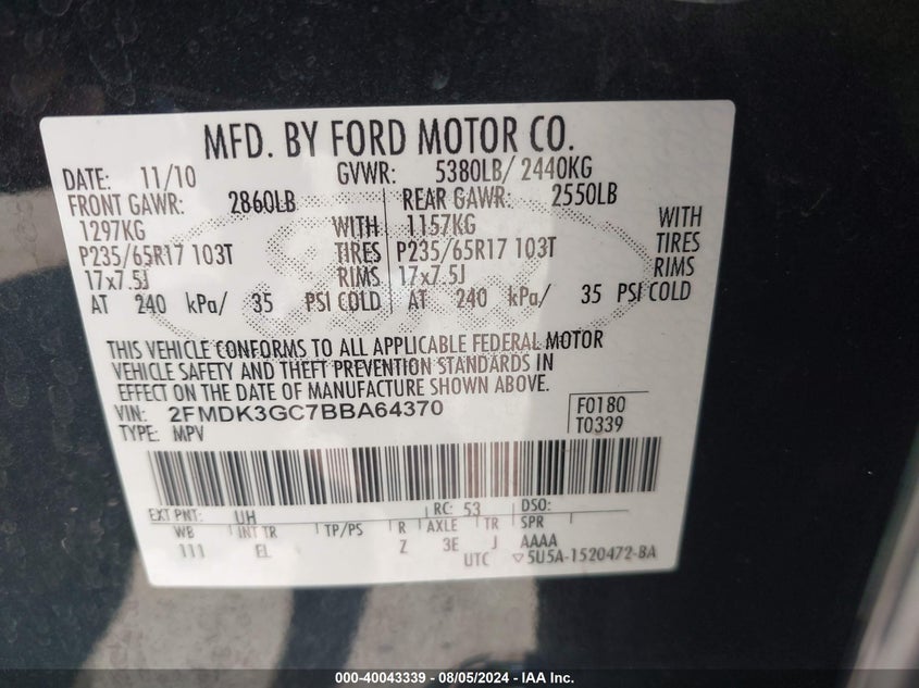 2011 Ford Edge Se VIN: 2FMDK3GC7BBA64370 Lot: 40043339