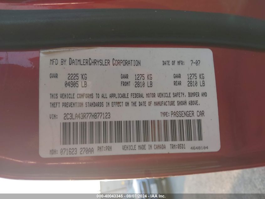 2007 Chrysler 300 VIN: 2C3LA43R77H877123 Lot: 40043345