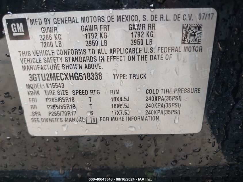 3GTU2MECXHG518338 2017 GMC Sierra 1500 Sle