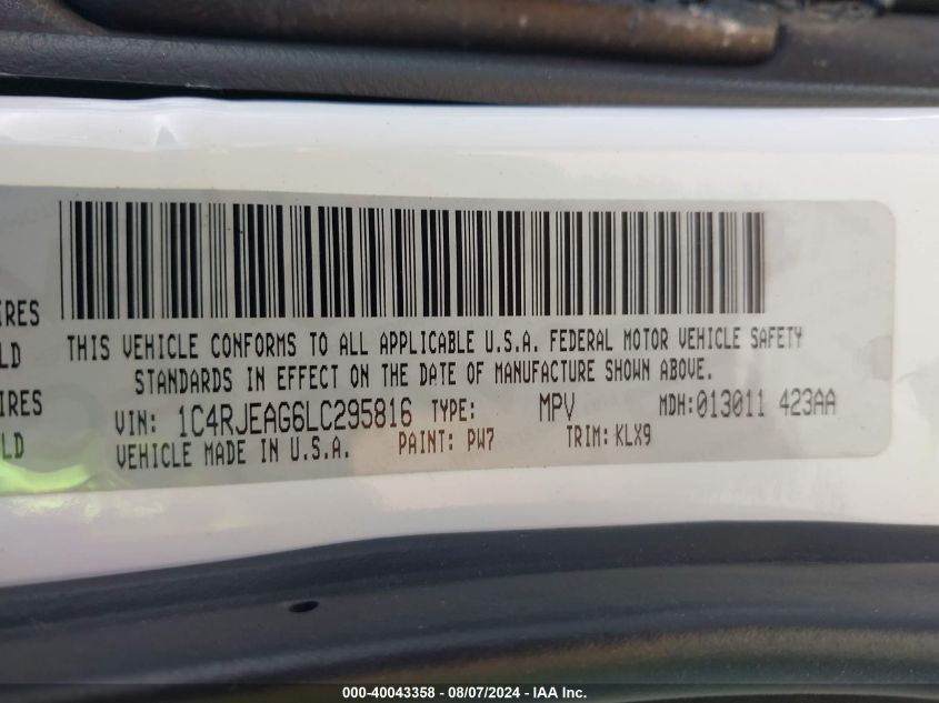 2020 Jeep Grand Cherokee Altitude 4X2 VIN: 1C4RJEAG6LC295816 Lot: 40043358