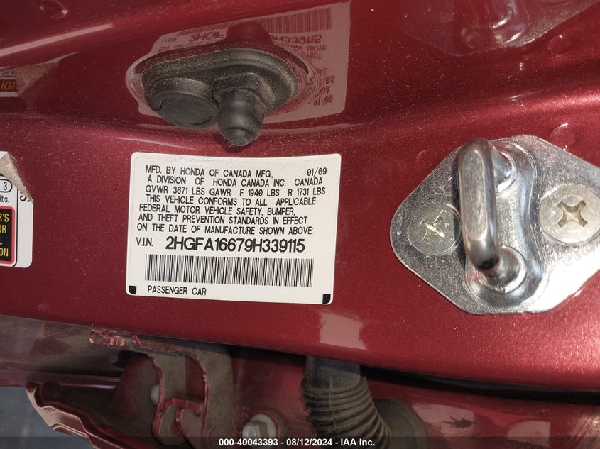 2009 Honda Civic Lx-S VIN: 2HGFA16679H339115 Lot: 40043393