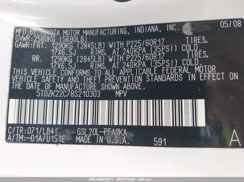 2008 Toyota Sienna Xle/Xle Limited VIN: 5TDZK22C78S210303 Lot: 40043411