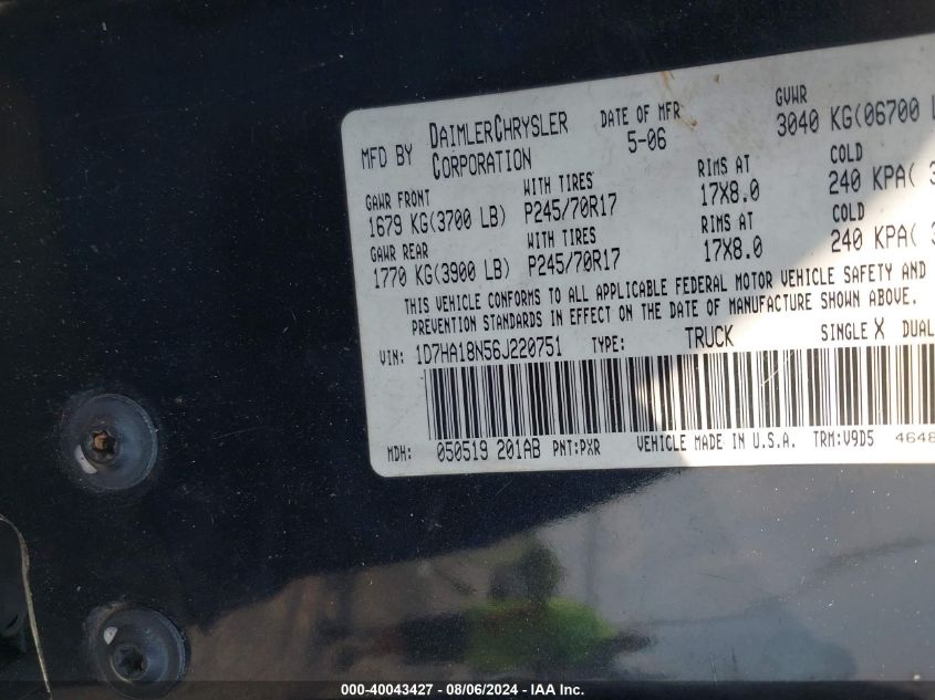 2006 Dodge Ram 1500 Slt VIN: 1D7HA18N56J220751 Lot: 40043427