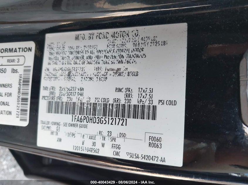 2016 Ford Fusion Se VIN: 1FA6P0HD3G5121721 Lot: 40043429