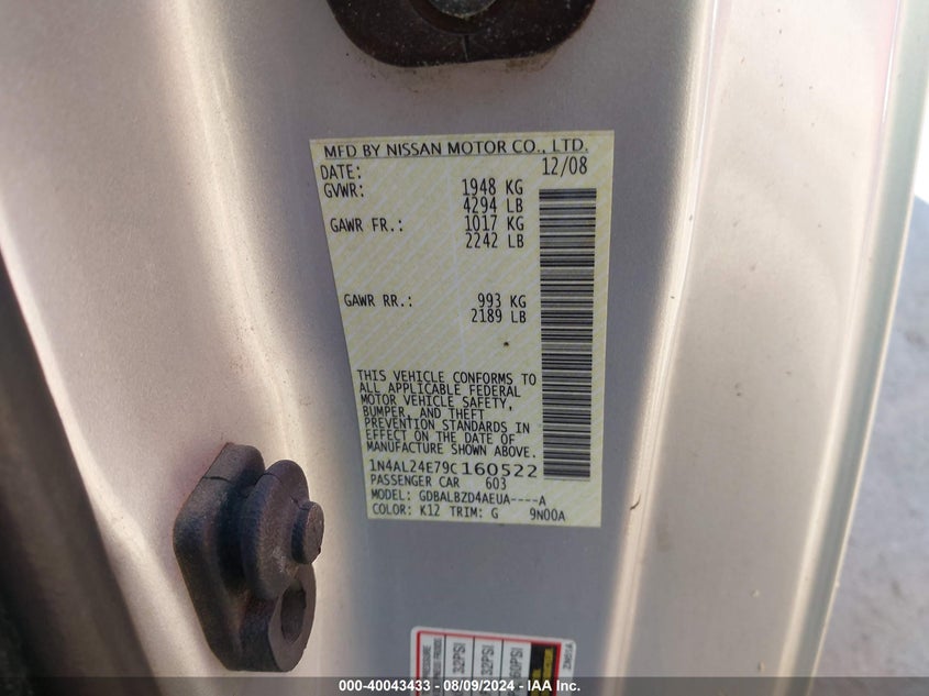 2009 Nissan Altima 2.5S VIN: 1N4AL24E79C160522 Lot: 40043433