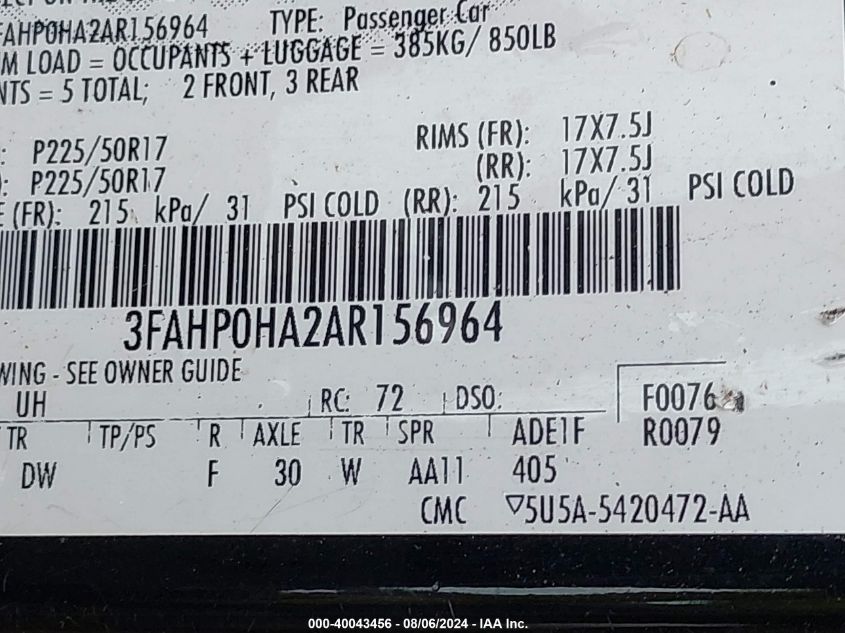 2010 Ford Fusion Se VIN: 3FAHP0HA2AR156964 Lot: 40043456