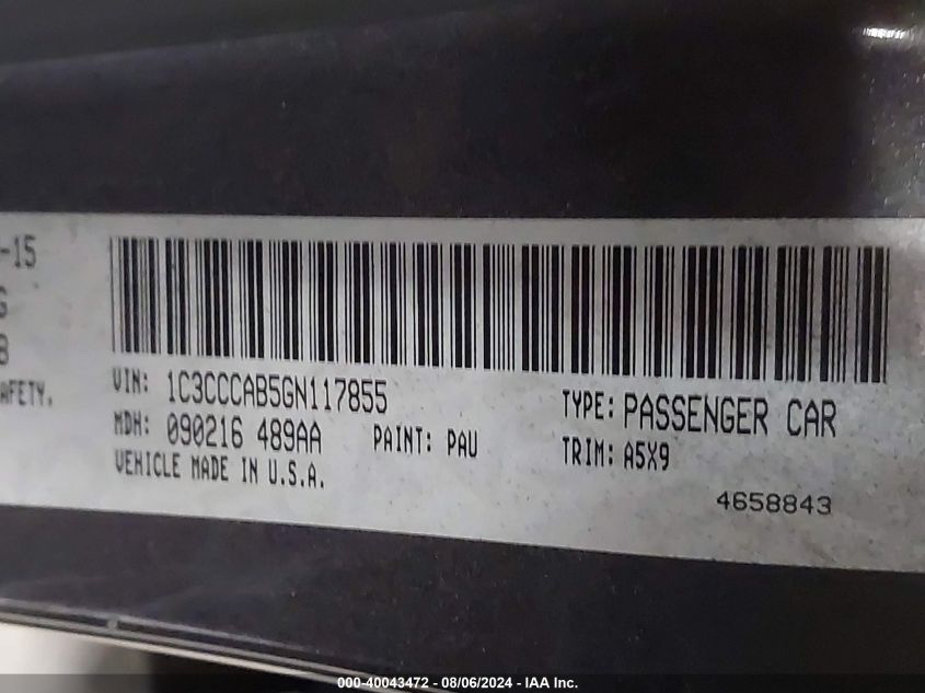 2016 Chrysler 200 Limited VIN: 1C3CCCAB5GN117855 Lot: 40043472