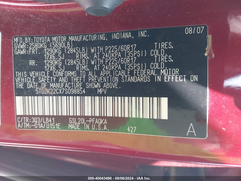 2007 Toyota Sienna Xle VIN: 5TDZK22CX7S098854 Lot: 40043490