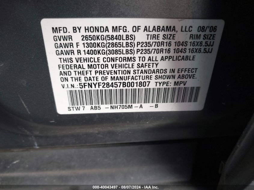 2007 Honda Pilot Ex VIN: 5FNYF28457B001807 Lot: 40043497