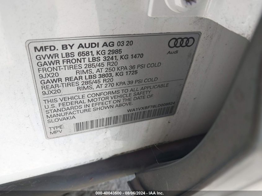 2020 Audi Q7 Prestige 55 Tfsi Quattro Tiptronic VIN: WA1VXBF76LD008824 Lot: 40043500