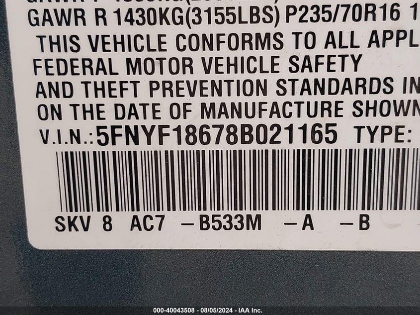 2008 Honda Pilot Ex-L VIN: 5FNYF18678B021165 Lot: 40043508