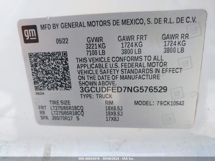 2022 Chevrolet Silverado 1500 4Wd Short Bed Lt Trail Boss VIN: 3GCUDFED7NG576529 Lot: 40043519