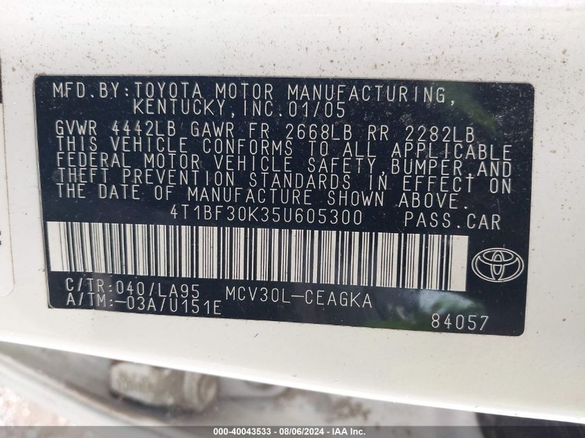 2005 Toyota Camry Xle V6 VIN: 4T1BF30K35U605300 Lot: 40043533
