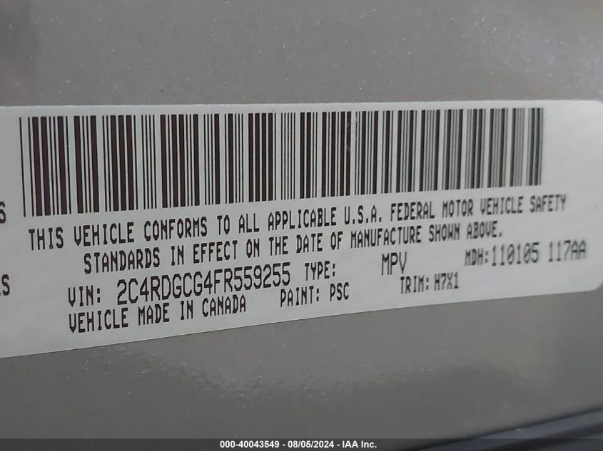 2015 Dodge Grand Caravan Sxt VIN: 2C4RDGCG4FR559255 Lot: 40043549