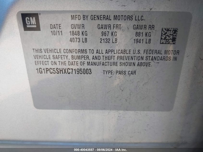 2012 Chevrolet Cruze Ls VIN: 1G1PC5SHXC7195003 Lot: 40043557