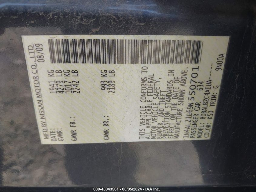 2009 Nissan Altima 2.5 S VIN: 1N4AL21E69N550701 Lot: 40043561