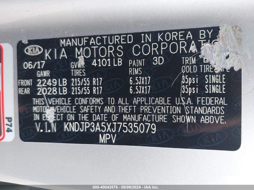 2018 Kia Soul + VIN: KNDJP3A5XJ7535079 Lot: 40043576