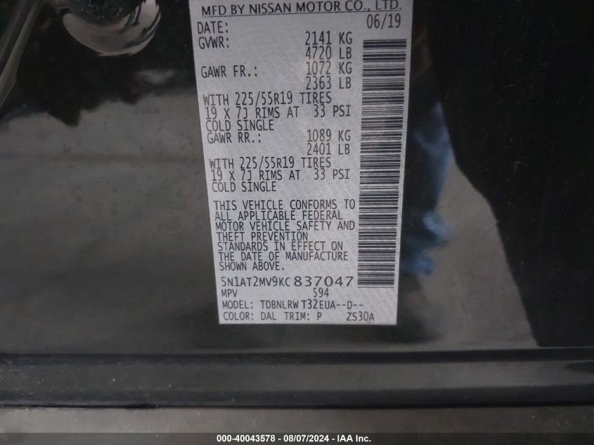 2019 Nissan Rogue Sl VIN: 5N1AT2MV9KC837047 Lot: 40043578